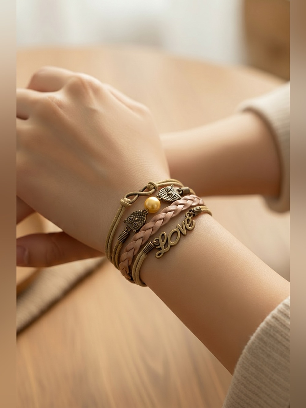 Braided Love Charm with Owls Bracelet